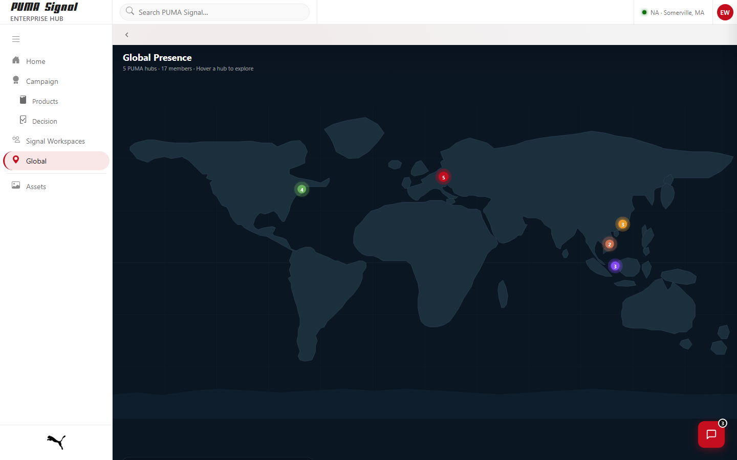 Global Presence interactive map of PUMA regional hubs