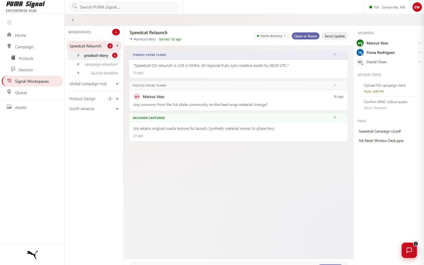 Signal Workspaces team channel with pinned and posted messages