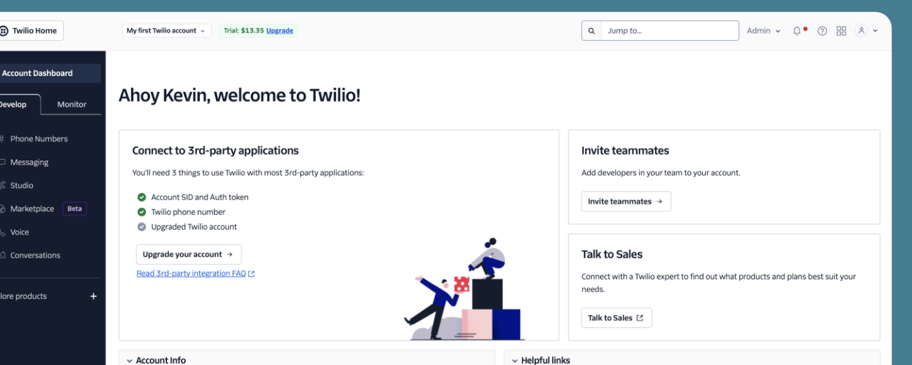 Twilio dashboard, existing version